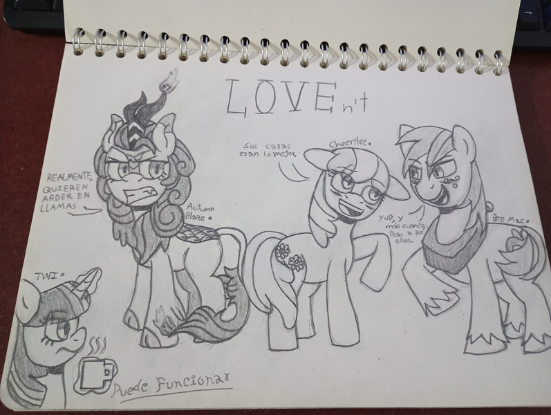 Size: 1600x1204 | Tagged: semi-grimdark, artist:rosa ushiromiya, derpibooru import, autumn blaze, big macintosh, cheerilee, twilight sparkle, earth pony, kirin, pony, fanfic:cheerilee's garden, fanfic:sweet apple massacre, g4, coffee cup, coffee mug, cup, fanfic art, female, full body, image, magic, male, mare, mug, png, simple background, spanish, stallion, text, traditional art, unshorn fetlocks