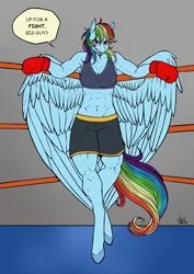 Size: 1654x2338 | Tagged: safe, artist:natt333, derpibooru import, rainbow dash, anthro, pegasus, boxing, boxing gloves, dialogue, image, png, solo, sports