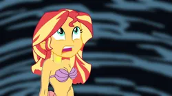 Size: 1280x718 | Tagged: safe, artist:catoon28, derpibooru import, edit, sunset shimmer, mermaid, equestria girls, g4, ariel, bra, breasts, cleavage, clothes, crossover, image, jpeg, looking up, mermaidized, now sing, poor unfortunate souls, seashell, seashell bra, shocked, singing, species swap, the little mermaid, underwear, voice