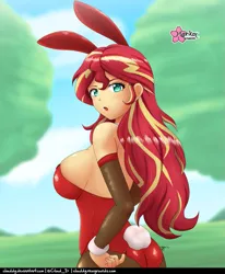 Size: 825x1000 | Tagged: suggestive, alternate version, artist:clouddg, derpibooru import, sunset shimmer, human, equestria girls, g4, :o, breasts, bunny ears, bunny suit, bunset shimmer, busty sunset shimmer, butt, clothes, image, looking at you, open mouth, png, solo