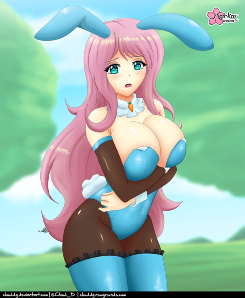 Size: 825x1000 | Tagged: suggestive, alternate version, artist:clouddg, derpibooru import, fluttershy, human, equestria girls, g4, animal costume, breasts, bunny costume, bunny ears, bunny suit, bunnyshy, busty fluttershy, cleavage, clothes, costume, easter, holiday, image, legs together, looking at you, open mouth, playboy bunny fluttershy, png