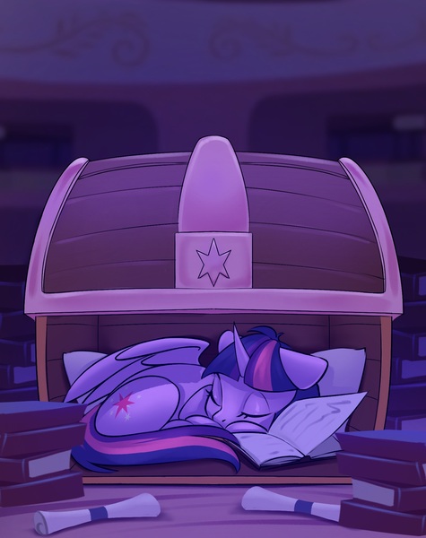 Size: 1582x2000 | Tagged: safe, artist:kittytitikitty, derpibooru import, twilight sparkle, twilight sparkle (alicorn), alicorn, pony, g4, book, box, chest, eyes closed, image, jpeg, library, pony in a box, sleeping