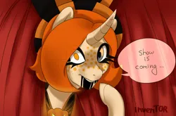 Size: 1280x847 | Tagged: safe, artist:inventor, artist:samyrai, derpibooru import, oc, unofficial characters only, pony, unicorn, black blood, blood, bloody mouth, dialogue, freckles, horn, image, jpeg, looking at you, speech bubble