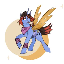 Size: 1000x1000 | Tagged: safe, artist:puufffinn, derpibooru import, oc, oc:key ti, unofficial characters only, changeling, hybrid, pony, abstract background, artfight, bandana, changeling hybrid, female, freckles, horn, image, insect wings, key, looking up, mare, png, smiling, solo, transparent wings, two toned hair, wings