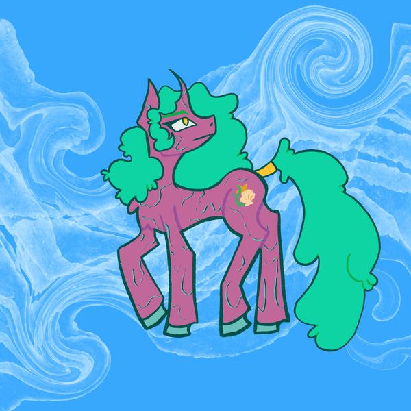 Size: 2048x2048 | Tagged: safe, artist:chronoroost, derpibooru import, oc, oc:flumine carcad, unofficial characters only, pony, unicorn, abstract background, artfight, cyan, digital art, female, fluffy hair, horn, image, png, side view, solo, unshorn fetlocks