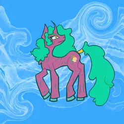 Size: 2048x2048 | Tagged: safe, artist:chronoroost, derpibooru import, oc, oc:flumine carcad, unofficial characters only, pony, unicorn, abstract background, artfight, cyan, digital art, female, fluffy hair, horn, image, png, side view, solo, unshorn fetlocks