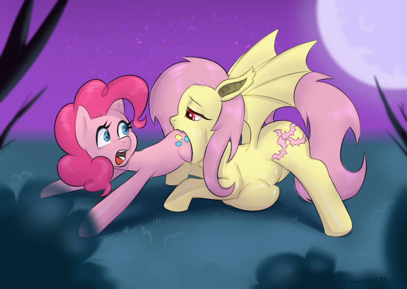 Size: 2039x1446 | Tagged: safe, artist:samyrai, derpibooru import, fluttershy, pinkie pie, bat pony, earth pony, pony, bat ponified, duo, duo female, female, flutterbat, flutterpred, full moon, image, lidded eyes, looking back, mare, moon, open mouth, pinkie prey, png, race swap, same size vore, spread wings, starry night, unwilling prey, vore, wings