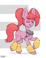 Size: 3000x3780 | Tagged: safe, artist:crashbrush, derpibooru import, pacific glow, earth pony, pony, g4, accessory, chest fluff, clothes, dancing, ear fluff, eyes closed, female, full body, furry leg warmers, glow rings, high res, image, jewelry, leg warmers, mare, neclease, pink fur, pink mane, png, ponytails, raver, simple background, smiling, solo, white background