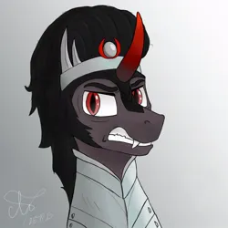 Size: 1000x1000 | Tagged: safe, artist:coffee_caramel, derpibooru import, king sombra, pony, unicorn, g4, angry, armor, black hair, fangs, grey body, horn, image, jpeg, male, red eyes, red horn, signature, simple background, solo, stallion