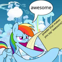 Size: 900x900 | Tagged: safe, alternate version, artist:unitxxvii, derpibooru import, rainbow dash, pegasus, pony, g4, alternate character, big mouth, box, cloudsdale, dialogue, female, hoof hold, image, mare, meme, missing cutie mark, open mouth, plastic man, png, ponified meme, powder (substance), powder that makes you say "yes", solo, speech bubble