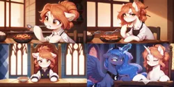 Size: 4800x2400 | Tagged: safe, ai content, derpibooru import, machine learning generated, prompter:greesys, princess luna, oc, oc:victoria orlova, alicorn, earth pony, pony, unicorn, chef, cooking, duo, food, horn, image, looking at you, magic, orange hair, png, solo, spoon, yellow eyes