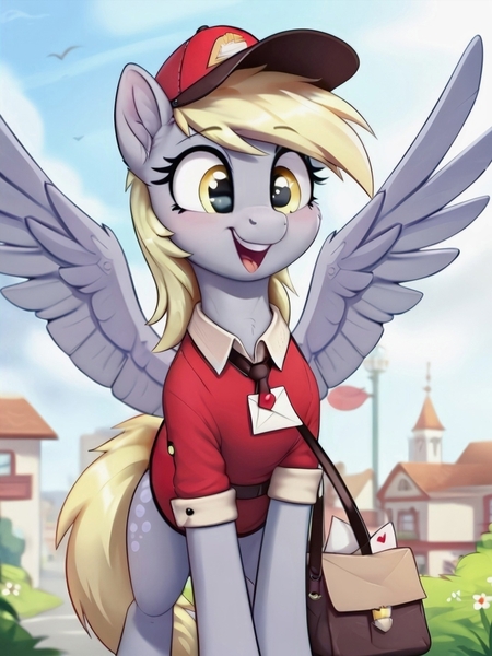 Size: 1079x1439 | Tagged: safe, ai content, derpibooru import, machine learning generated, prompter:thelight3d, stable diffusion, derpy hooves, g4, bag, clothes, day, generator:pony diffusion v6 xl, image, jpeg, postman's hat, shoulder bag, spread wings, uniform, wings