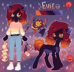 Size: 2046x2000 | Tagged: safe, artist:vensual99, derpibooru import, oc, oc:evie, unofficial characters only, anthro, pony, abstract background, chest fluff, clothes, cookie, ear piercing, earring, exposed belly, female, food, horns, image, jewelry, jpeg, magic book, mare, marshmallow, necklace, piercing, reference sheet, scarf, self paradox, self ponidox, slit pupils, unshorn fetlocks, wand