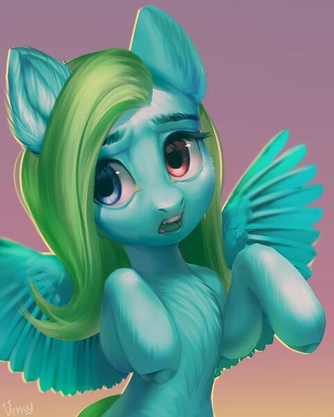 Size: 968x1208 | Tagged: safe, artist:vensual99, derpibooru import, oc, unofficial characters only, pegasus, pony, ear fluff, female, gradient background, heterochromia, image, jpeg, mare, solo, spread wings, wings