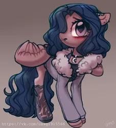 Size: 1512x1668 | Tagged: safe, artist:vensual99, derpibooru import, oc, unofficial characters only, pegasus, pony, choker, clothes, ear piercing, earring, female, gradient background, image, jacket, jewelry, jpeg, lip piercing, mare, piercing, ripped stockings, socks, stockings, thigh highs, torn clothes