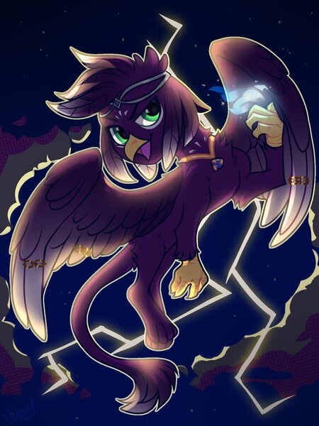 Size: 1500x2000 | Tagged: safe, artist:vensual99, derpibooru import, oc, unofficial characters only, gryphon, circlet, flying, image, jewelry, jpeg, lightning, magic, male, necklace, wing jewelry, wings