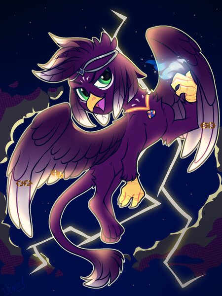 Size: 1500x2000 | Tagged: safe, alternate version, artist:vensual99, derpibooru import, oc, unofficial characters only, gryphon, circlet, flying, image, jewelry, jpeg, lightning, magic, male, necklace, wing jewelry, wings