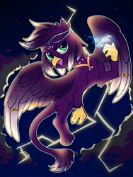 Size: 1500x2000 | Tagged: safe, alternate version, artist:vensual99, derpibooru import, oc, unofficial characters only, gryphon, circlet, flying, image, jewelry, jpeg, lightning, magic, male, necklace, wing jewelry, wings