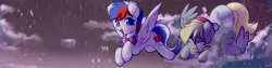 Size: 1590x400 | Tagged: safe, artist:vensual99, derpibooru import, derpy hooves, oc, pegasus, pony, g4, christmas, clothes, female, flying, food, hat, holiday, image, jpeg, male, mare, mouth hold, muffin, santa hat, scarf, snow, stallion