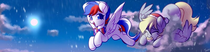 Size: 1590x400 | Tagged: safe, alternate version, artist:vensual99, derpibooru import, derpy hooves, oc, pegasus, pony, g4, christmas, clothes, duo, female, flying, food, hat, holiday, image, jpeg, male, mare, mouth hold, muffin, santa hat, scarf, stallion