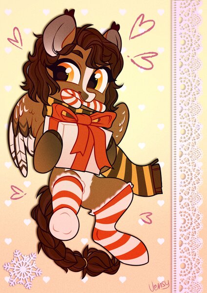 Size: 2480x3508 | Tagged: safe, artist:vensual99, derpibooru import, oc, unofficial characters only, pegasus, pony, candy, candy cane, christmas, clothes, floating heart, flying, food, heart, holiday, image, jpeg, mouth hold, present, scarf, socks