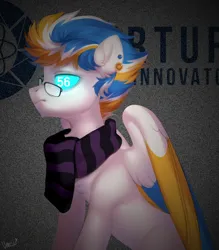 Size: 1492x1704 | Tagged: safe, alternate version, artist:vensual99, derpibooru import, oc, unofficial characters only, pegasus, pony, blue eyes, chest fluff, clothes, colored wings, ear piercing, earring, glasses, image, jewelry, jpeg, male, piercing, portal (valve), scarf, solo, stallion, wings