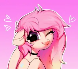 Size: 1542x1368 | Tagged: safe, artist:vensual99, derpibooru import, oc, unofficial characters only, pegasus, pony, bust, chest fluff, choker, female, floating heart, gradient background, heart, image, jpeg, mare, one eye closed, solo, wink