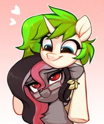 Size: 1149x1374 | Tagged: safe, artist:vensual99, derpibooru import, oc, unofficial characters only, pony, unicorn, duo, female, floating heart, flower, flower in hair, glasses, gradient background, heart, horn, image, jpeg, mare, slit pupils