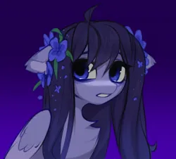 Size: 1452x1312 | Tagged: safe, artist:vensual99, derpibooru import, oc, unofficial characters only, pegasus, pony, chest fluff, female, flower, flower in hair, gradient background, image, jpeg, mare, solo