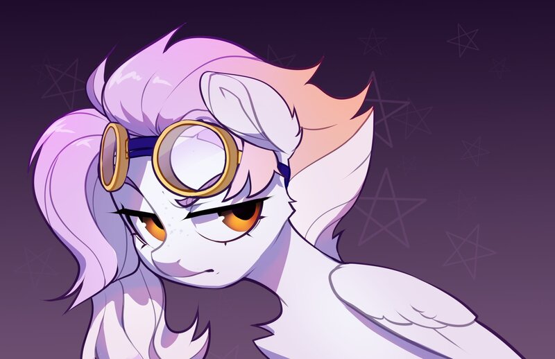 Size: 2370x1535 | Tagged: safe, artist:vensual99, derpibooru import, oc, unofficial characters only, pegasus, pony, chest fluff, female, goggles, goggles on head, gradient background, image, jpeg, mare, solo