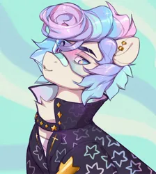 Size: 2508x2803 | Tagged: safe, artist:vensual99, derpibooru import, oc, unofficial characters only, earth pony, pony, abstract background, bandaid, bandaid on nose, chest fluff, clothes, ear piercing, earring, eyebrow slit, eyebrows, image, jacket, jewelry, jpeg, male, piercing, solo, stallion, visor