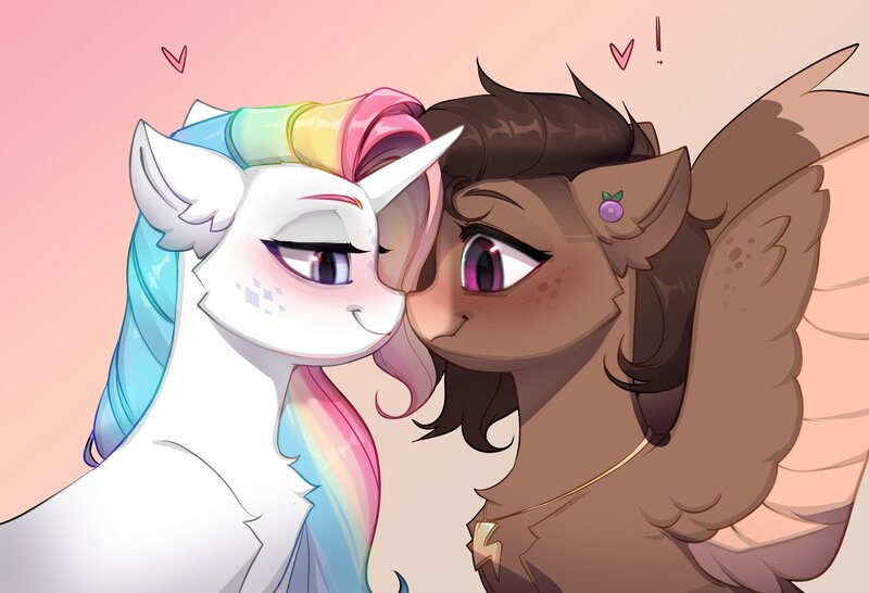 Size: 2099x1432 | Tagged: safe, artist:vensual99, derpibooru import, oc, unofficial characters only, pegasus, pony, unicorn, blushing, chest fluff, duo, ear piercing, earring, female, floating heart, heart, horn, image, jewelry, jpeg, lesbian, mare, neckerchief, nose to nose, piercing, spread wings, wings