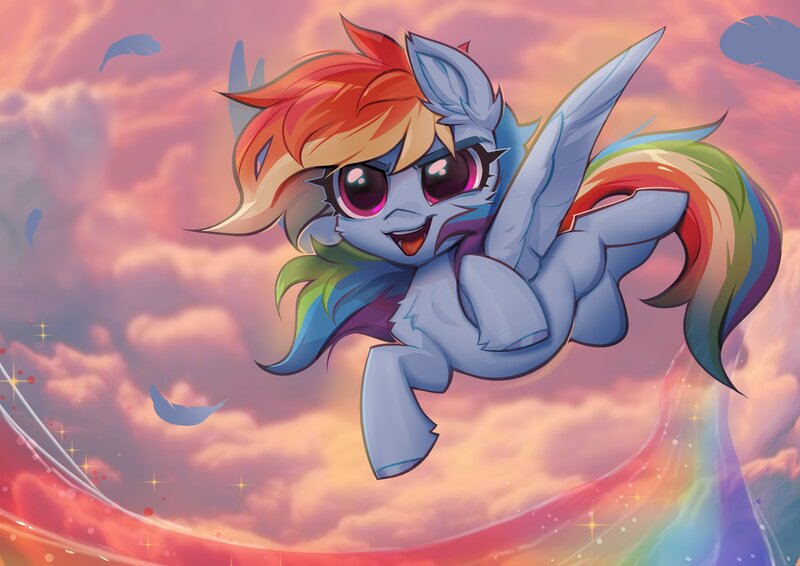 Size: 2835x2004 | Tagged: safe, artist:vensual99, derpibooru import, rainbow dash, pegasus, pony, g4, chest fluff, cute, dashabetes, female, flying, image, jpeg, mare, open mouth, open smile, rainbow, smiling, solo