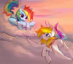 Size: 1711x1509 | Tagged: safe, artist:vensual99, derpibooru import, rainbow dash, oc, pegasus, pony, g4, blushing, cloud, duo, female, flying, image, jpeg, lying down, mare, on a cloud, prone