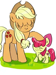 Size: 1080x1440 | Tagged: safe, artist:cuiyingying405, derpibooru import, apple bloom, applejack, earth pony, pony, apple sisters, duo, duo female, eyes closed, female, filly, foal, grass, head pat, image, mare, pat, petting, png, siblings, simple background, sisters, smiling, white background