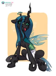 Size: 3176x4339 | Tagged: safe, artist:bloodymrr, derpibooru import, queen chrysalis, changeling, g4, abdl, commission, diaper, diaper fetish, female, fetish, floppy ears, hypno eyes, image, non-baby in diaper, orange background, png, simple background, sitting, sitting on floor, smiling, tongue out, white background, wings