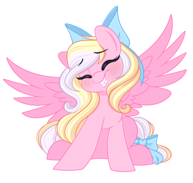 Size: 1632x1551 | Tagged: safe, artist:emberslament, derpibooru import, oc, oc:bay breeze, unofficial characters only, pegasus, pony, blushing, bow, cute, eyes closed, female, hair bow, happy, image, mare, pegasus oc, png, simple background, sitting, smiling, solo, spread wings, tail, tail bow, transparent background, wings