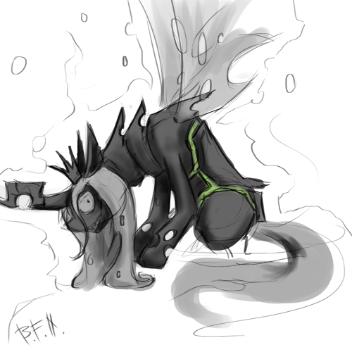 Size: 500x500 | Tagged: safe, artist:bigfriendlyninja, queen chrysalis, changeling, changeling queen, /mlp/, 4chan, alternate design, drawthread, female, image, kneeling, looking sideways, open mouth, png, signature, solo