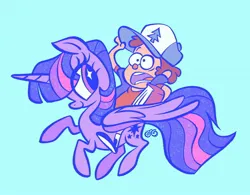 Size: 2048x1600 | Tagged: safe, artist:janegumball, derpibooru import, part of a set, twilight sparkle, twilight sparkle (alicorn), alicorn, human, pony, g4, alternate cutie mark, bangs, baseball cap, big eyes, blue background, brown hair, cap, clothes, colored, crossover, dipper pines, duo, duo male and female, eye clipping through hair, female, flat colors, flying, folded wings, frown, gravity falls, hat, holding book, holding hat, horn, image, jpeg, light skin, long mane, long tail, looking at someone, looking back, male, mare, open frown, open mouth, panicking, profile, purple coat, purple eyes, raised hoof, riding, riding a pony, shirt, shrunken pupils, signature, simple background, smiling, smiling at someone, sparkly eyes, straight mane, straight tail, tail, three toned mane, three toned tail, unicorn horn, vest, wingding eyes, wings