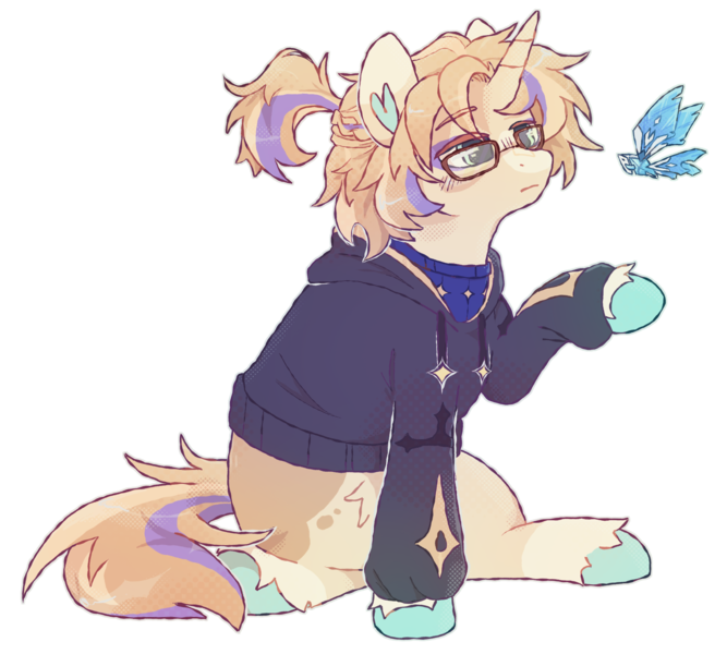 Size: 1923x1731 | Tagged: safe, artist:pretzelprince, derpibooru import, oc, oc:albedo, ponified, pony, unicorn, artfight, black hoodie, blank flank, blonde mane, blonde tail, blue eyes, blue hooves, blush lines, blushing, body fluff, brown eyelashes, clothes, coat markings, colored eartips, colored eyebrows, colored eyelashes, colored hooves, colored pinnae, cream coat, crystalfly, eye clipping through hair, eye markings, eyebrows, eyebrows visible through hair, frown, genshin impact, gift art, glasses, halftone, heart ears, hoodie, hooves, horn, image, lidded eyes, looking at something, male, male oc, png, ponytail, raised hoof, screentone, shiny mane, shiny tail, simple background, sitting, socks (coat marking), splotches, square glasses, stallion, stallion oc, sweater, tail, three toned ears, three toned mane, three toned tail, tied mane, transparent background, turtleneck, unicorn horn, unicorn oc, unshorn fetlocks, wall of tags