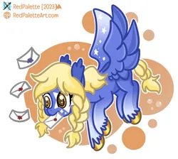 Size: 828x743 | Tagged: safe, artist:redpalette, derpibooru import, oc, pegasus, pony, abstract background, body markings, envelope, female, freckles, image, jpeg, mail, mare, pegasus oc, spread wings, unshorn fetlocks, wings