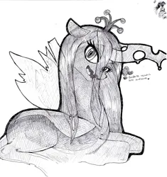 Size: 1411x1500 | Tagged: safe, artist:anonymous, queen chrysalis, changeling, changeling queen, /mlp/, 4chan, dialogue, drawthread, female, head tilt, heart, image, jpeg, looking at you, monochrome, open mouth, prone, simple background, slit eyes, solo, traditional art, white background