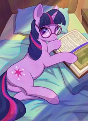 Size: 1444x2000 | Tagged: safe, artist:jotun22, derpibooru import, twilight sparkle, pony, unicorn, bed, book, glasses, horn, image, jpeg, pillow, solo, unicorn twilight