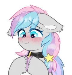 Size: 2400x2500 | Tagged: safe, alternate version, artist:etoz, derpibooru import, oc, oc:dreamyway skies, unofficial characters only, bat pony, pony, bat pony oc, bat wings, blue eyes, blushing, bust, choker, collar, commission, eyebrows, eyebrows down, eyebrows visible through hair, fangs, female, happy, heart, heart eyes, image, mare, multicolored hair, png, sfw version, shy, simple background, smiling, solo, stars, wingding eyes, wings, ych result