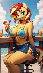 Size: 2400x4080 | Tagged: suggestive, ai content, derpibooru import, machine learning generated, sunset shimmer, anthro, unicorn, g4, beach, beach babe, belly, belly button, big breasts, blue bikini, blue bikini top, breasts, busty sunset shimmer, clothes, cloud, cup, cutie mark on anthro, cyan eyes, erect nipples, female, glass, hot, image, jpeg, juice, looking at you, nipple outline, orange body, orange juice, orange skin, prompter:lotsofcaps, ribcage, sexy, sitting, skirt, smiling, smiling at you, solo, solo female, straw, stupid sexy sunset shimmer, teeth, vacation, woman