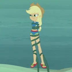 Size: 2000x2000 | Tagged: safe, artist:nie-martw-sie-o-mnie, derpibooru import, applejack, human, equestria girls, g4, applejack's beach shorts swimsuit, applesub, asphyxiation, clothes, cowboy hat, damsel in distress, drowning, female, femsub, hat, high res, holding breath, image, ocean, peril, png, sandals, seaweed, solo, submissive, swimsuit, tied up, underwater, water