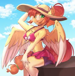 Size: 2788x2836 | Tagged: safe, artist:witchtaunter, derpibooru import, oc, anthro, pegasus, bikini, chest fluff, clothes, female, glasses, hat, image, looking at you, png, sky, smiling, swimsuit