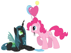 Size: 900x673 | Tagged: safe, artist:xioade, edit, editor:anonymous, vector edit, pinkie pie, queen chrysalis, changeling, changeling queen, earth pony, pony, /mlp/, 4chan, balloon, colored, drawthread, duo, fangs, female, happy, image, looking at each other, mare, mouth hold, open mouth, png, prone, raised hoof, simple background, slit eyes, standing, transparent background, vector