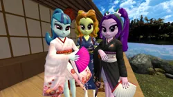 Size: 1920x1080 | Tagged: safe, artist:oatmeal!, derpibooru import, adagio dazzle, aria blaze, sonata dusk, human, equestria girls, g4, 3d, accessory swap, clothes, dress, fan, female, gmod, group, holding, image, japanese, kimono (clothing), lake, looking at you, moon runes, png, shrine, standing, trio, trio female, water, yukata