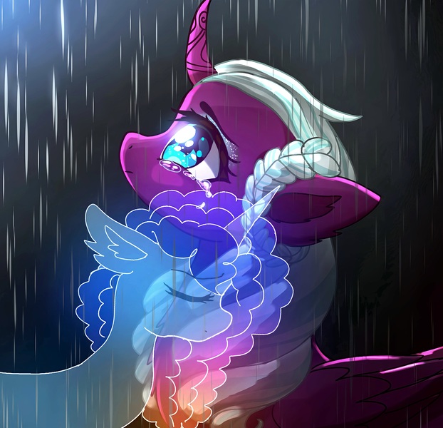 Size: 2588x2496 | Tagged: safe, artist:jaanhavi, derpibooru import, alicorn, pony, unicorn, g5, crying, eyes closed, female, horn, image, jpeg, mare, misty brightdawn, opaline arcana, rebirth misty, redemption, regret, remorse, sorrow